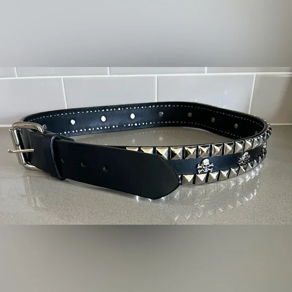 Hot Topic Y2K Skull & Crossbones Black Leather Belt with Silver Buckle 36” Goth - Picture 4 of 12
